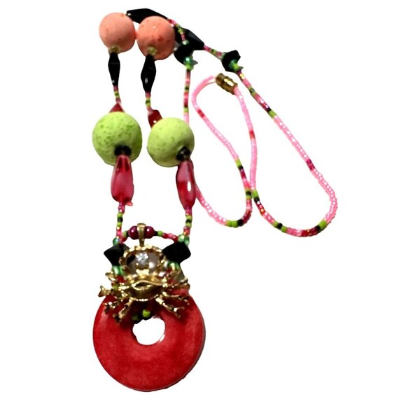 Vintage Exotic Boho Crab Red Jade Necklace 10k Gold Filled Bead CZ Pink Green - Picture 8 of 9
